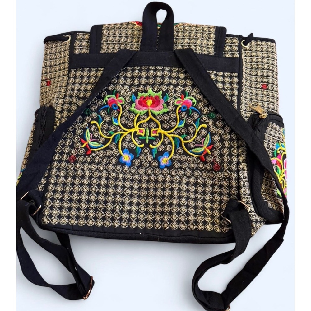 Embroidered Floral Canvas Backpack Boho Pink Peony Black Gold Rucksack Bag - Picture 2 of 3